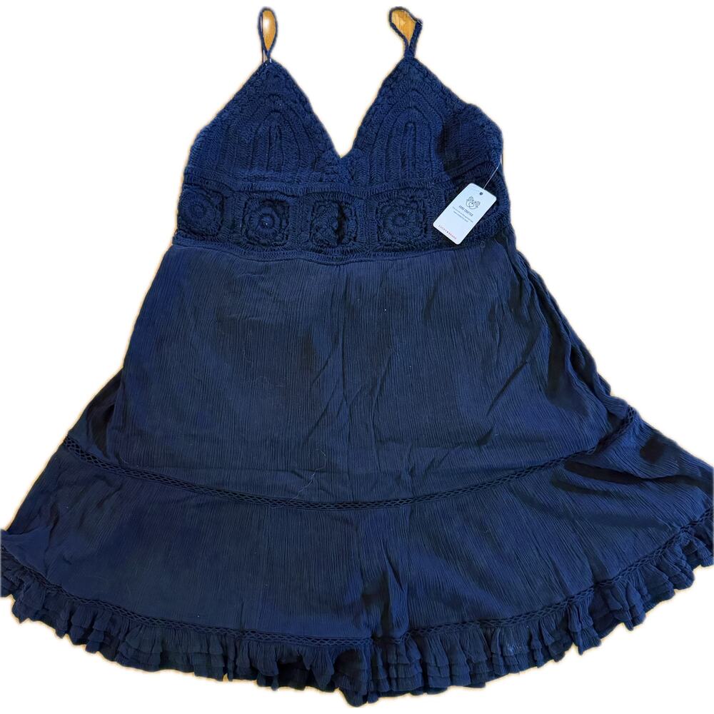 Lucky‎ Brand Dress Womens L Black Crochet Lace Bodice Tiered Ruffle Hem